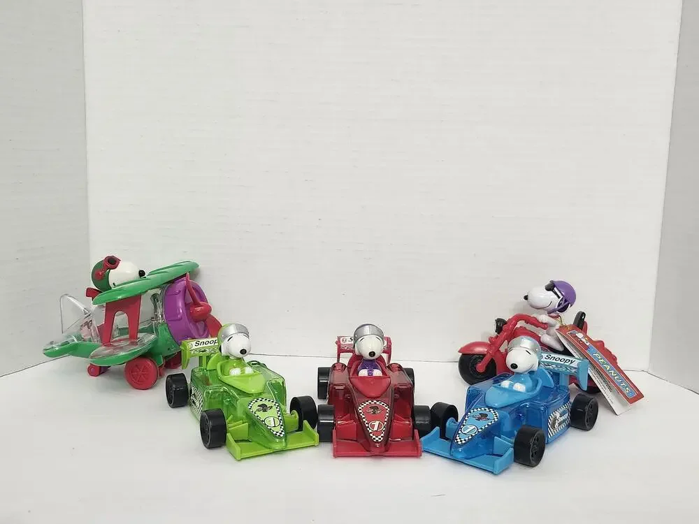 Vintage Peanuts Snoopy Vehicle Toy Lot of 5 - Race Cars, Airplane, Motorcycle